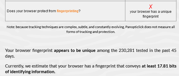 a screenshot of firefox's results on panopticlick showing it has a unique fingerprint