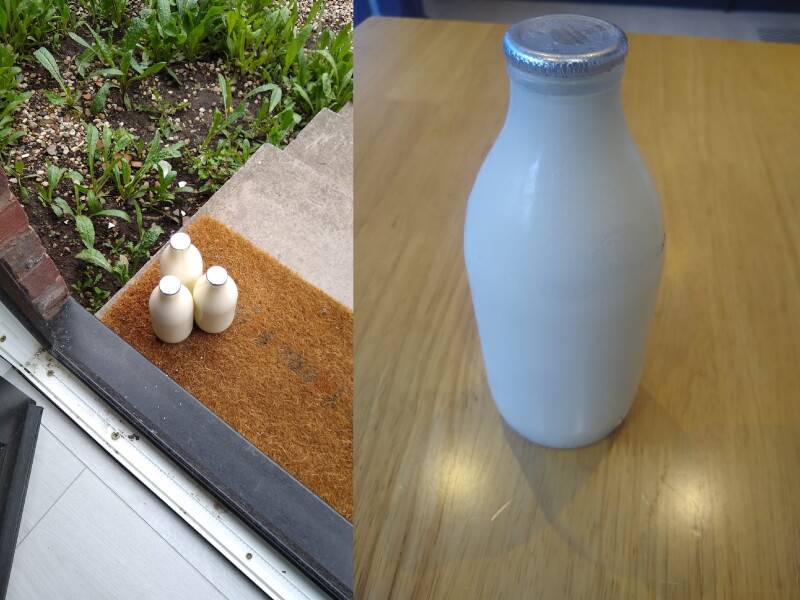 doorstep milk delivery and a close-up of a milk bottle