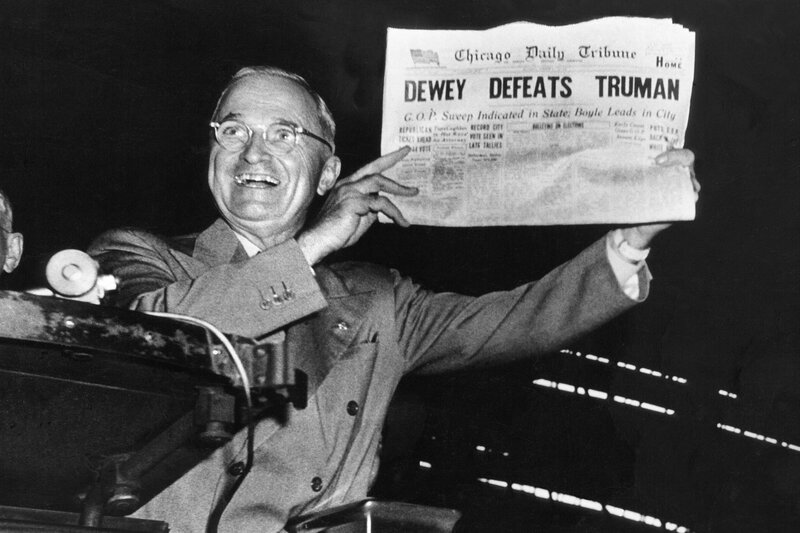 an image of Truman holding up a newspaper which wrongly announced his defeat